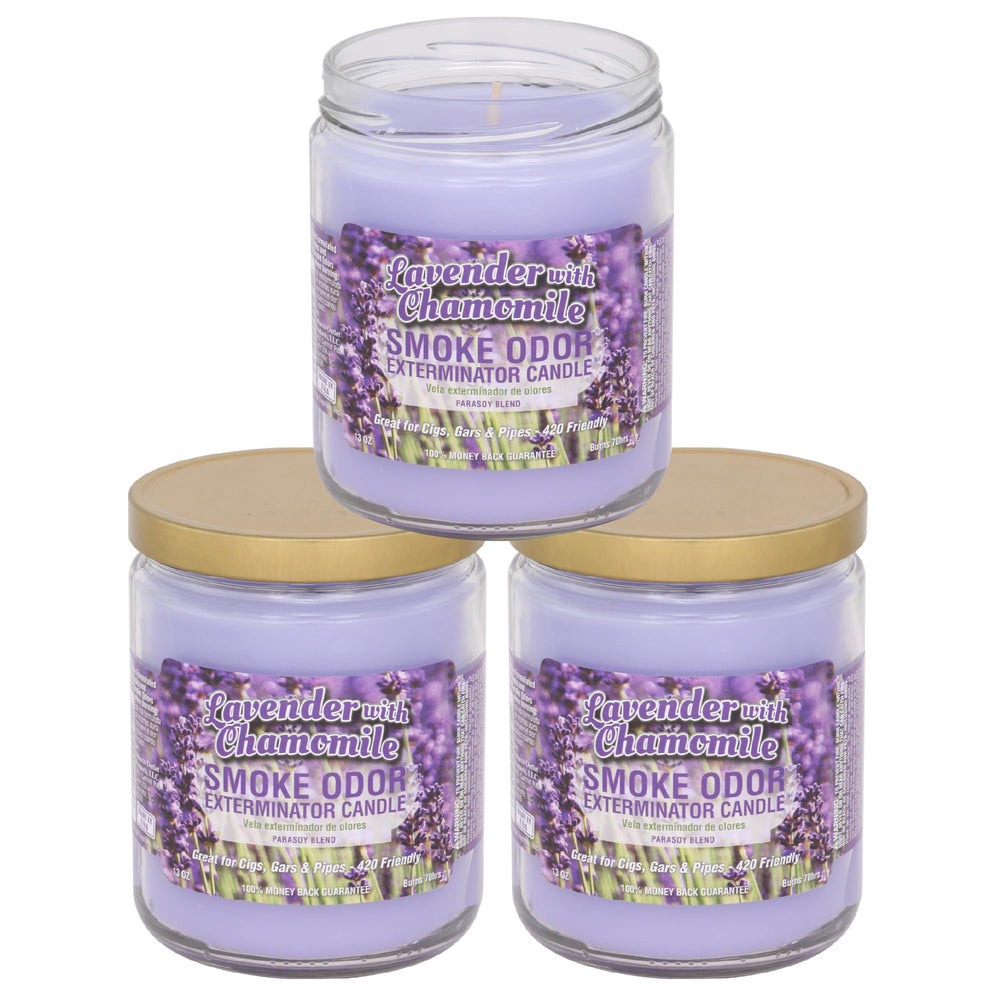 Smoke Odor Exterminator lavender-chamomile-13oz-jar-candle refreshing rooms with a soothing scent.