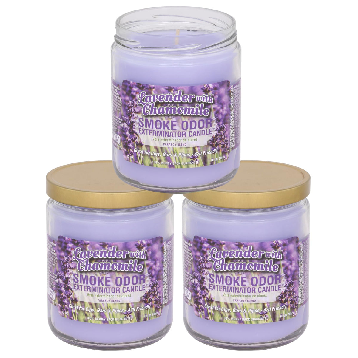 Smoke Odor Exterminator lavender-chamomile-13oz-jar-candle refreshing rooms with a soothing scent.