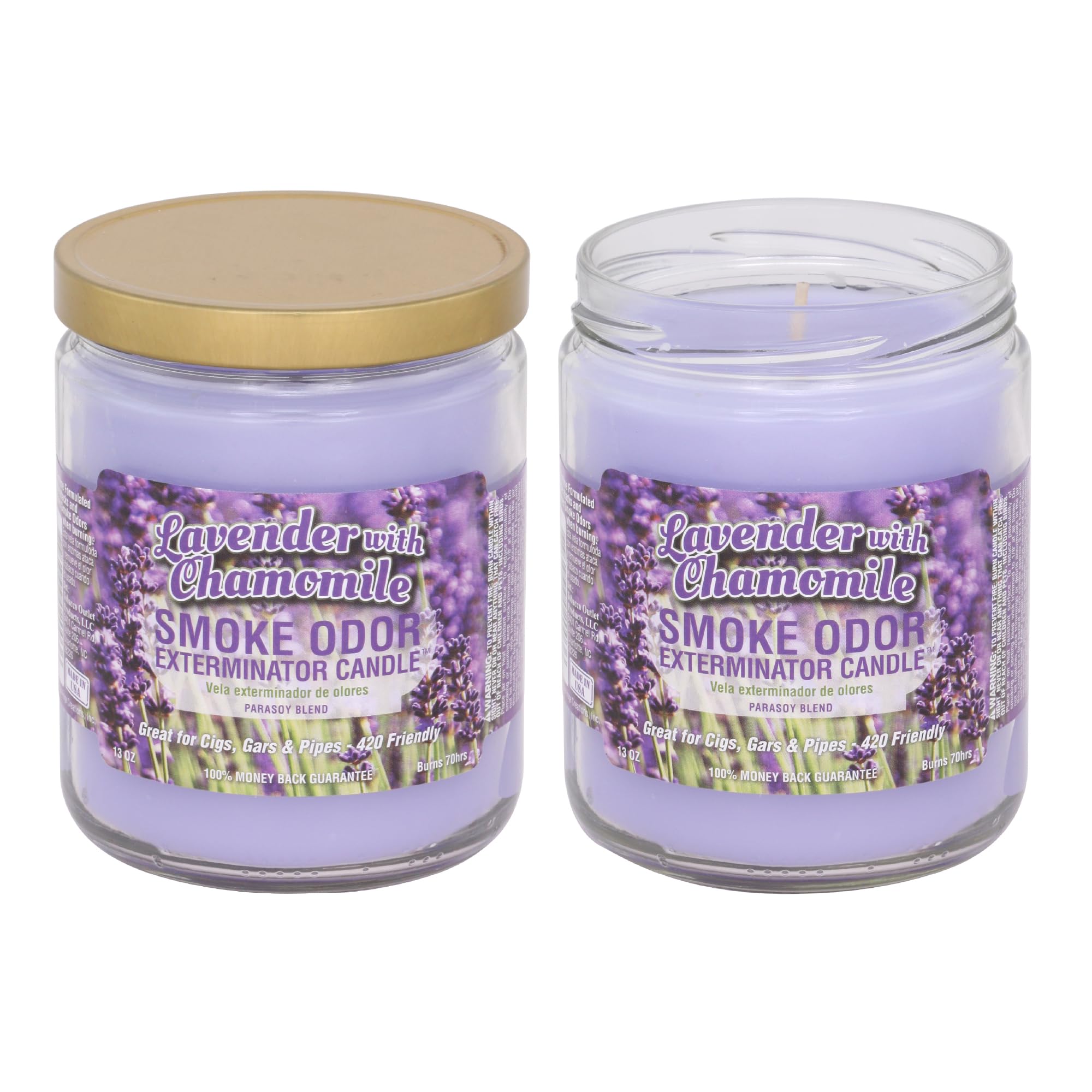 Smoke Odor Exterminator Lavender Chamomile jar candle enhances ambiance and neutralizes odors.