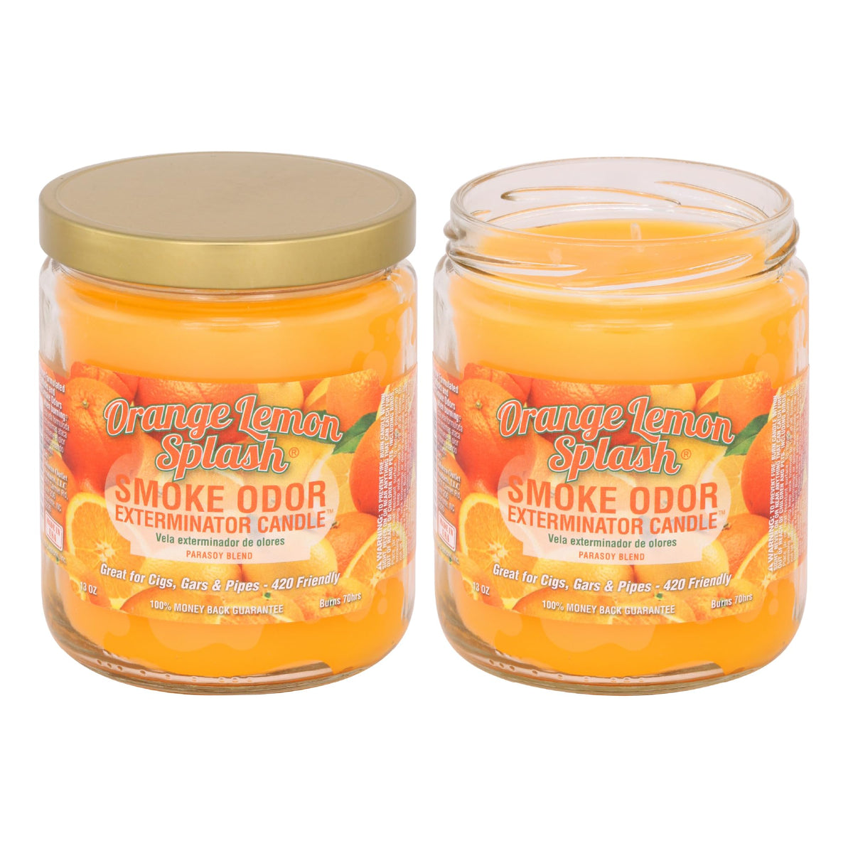 Smoke Odor Exterminator orange lemon jar candle helps reduce tobacco and pet odors.