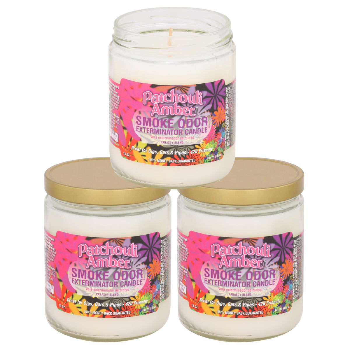 Smoke Odor Exterminator Patchouli Amber jar candle trio for fresh indoor air