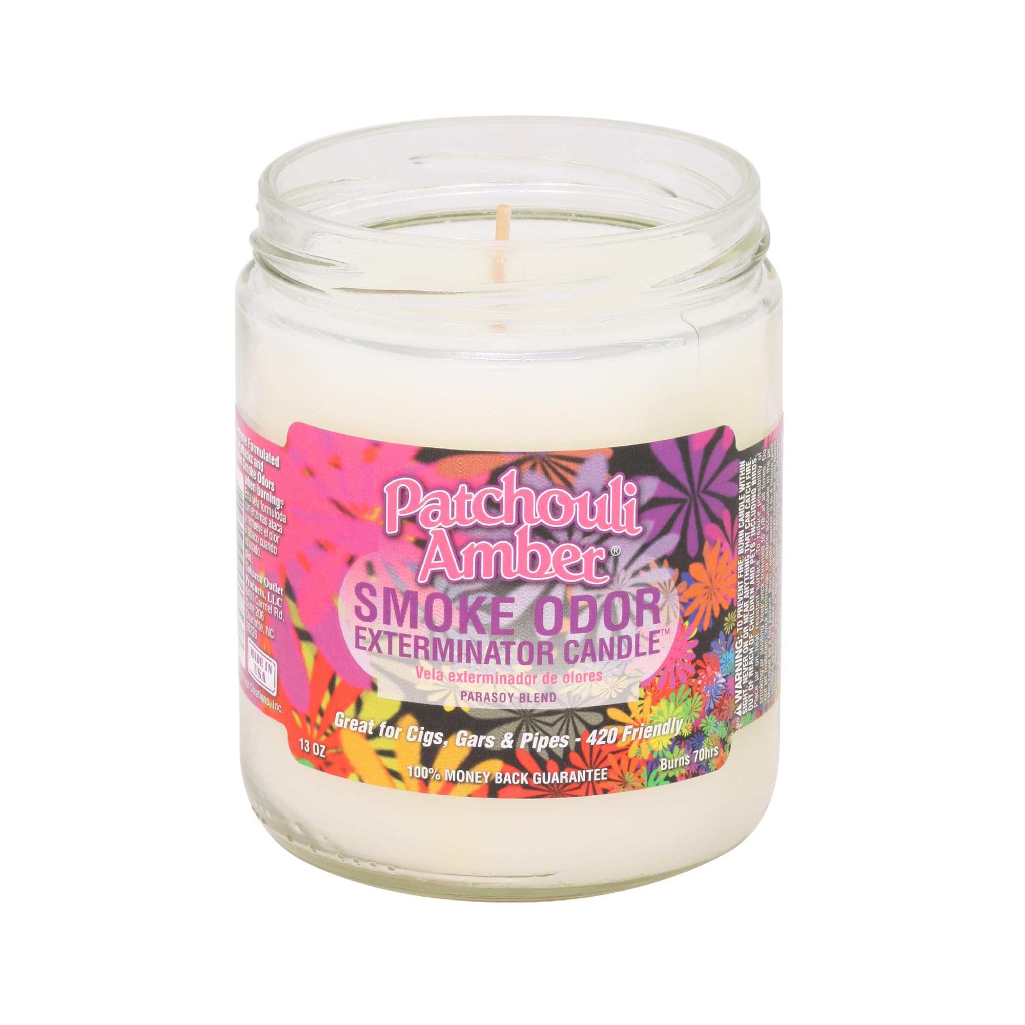 Smoke Odor Exterminator Patchouli jar candle front view for odor control and cozy aroma