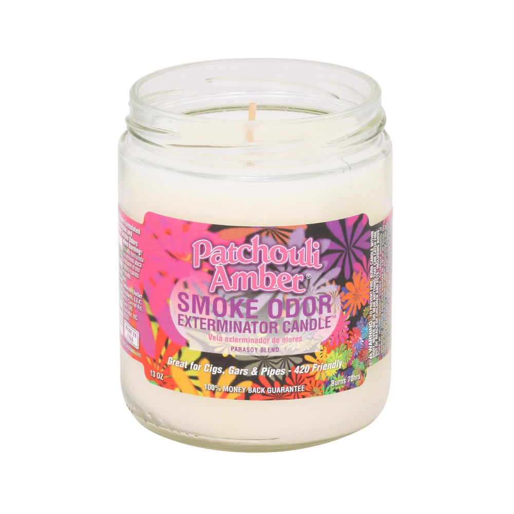 Smoke Odor Exterminator Patchouli jar candle front view for odor control and cozy aroma