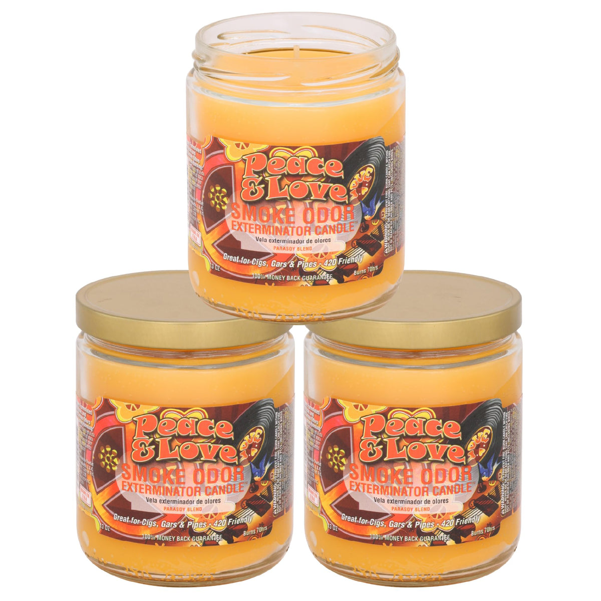 Smoke Odor Exterminator Peace & Love 3-pack jar candles for odor control and mood.