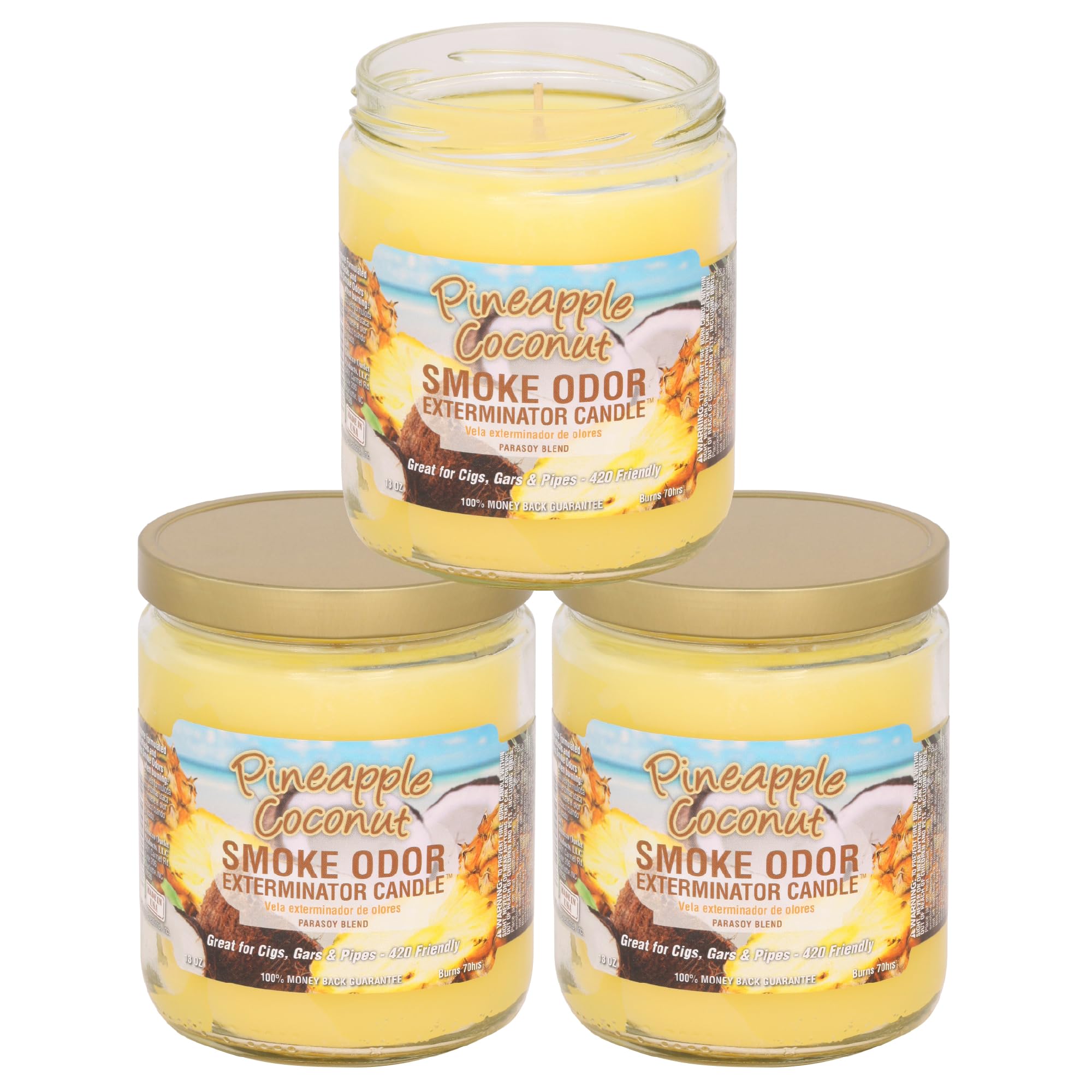 Smoke Odor Exterminator Pineapple & Coconut jar candle reduces odors and adds tropical fragrance in a 3-pack