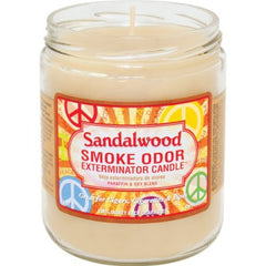 Smoke Odor Exterminator sandalwood candle front view demonstrates odor removal capabilities.