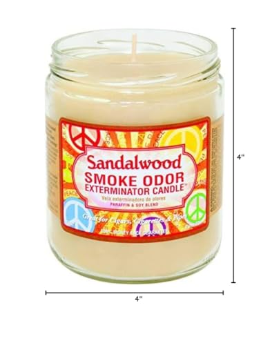 Smoke Odor Exterminator sandalwood candle packaging highlights odor-eliminating blend for cleaner indoor air.