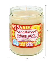 Smoke Odor Exterminator sandalwood candle packaging highlights odor-eliminating blend for cleaner indoor air.