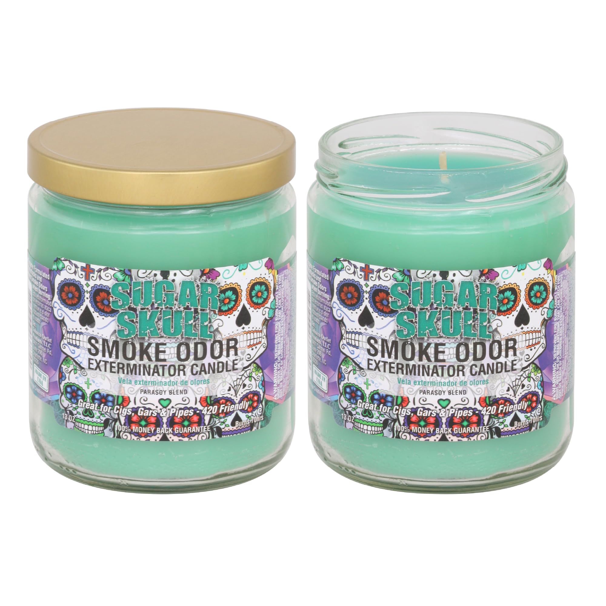 Smoke Odor Exterminator Sugar Skull jar candle, two-pack, designed to help reduce smoke odors.