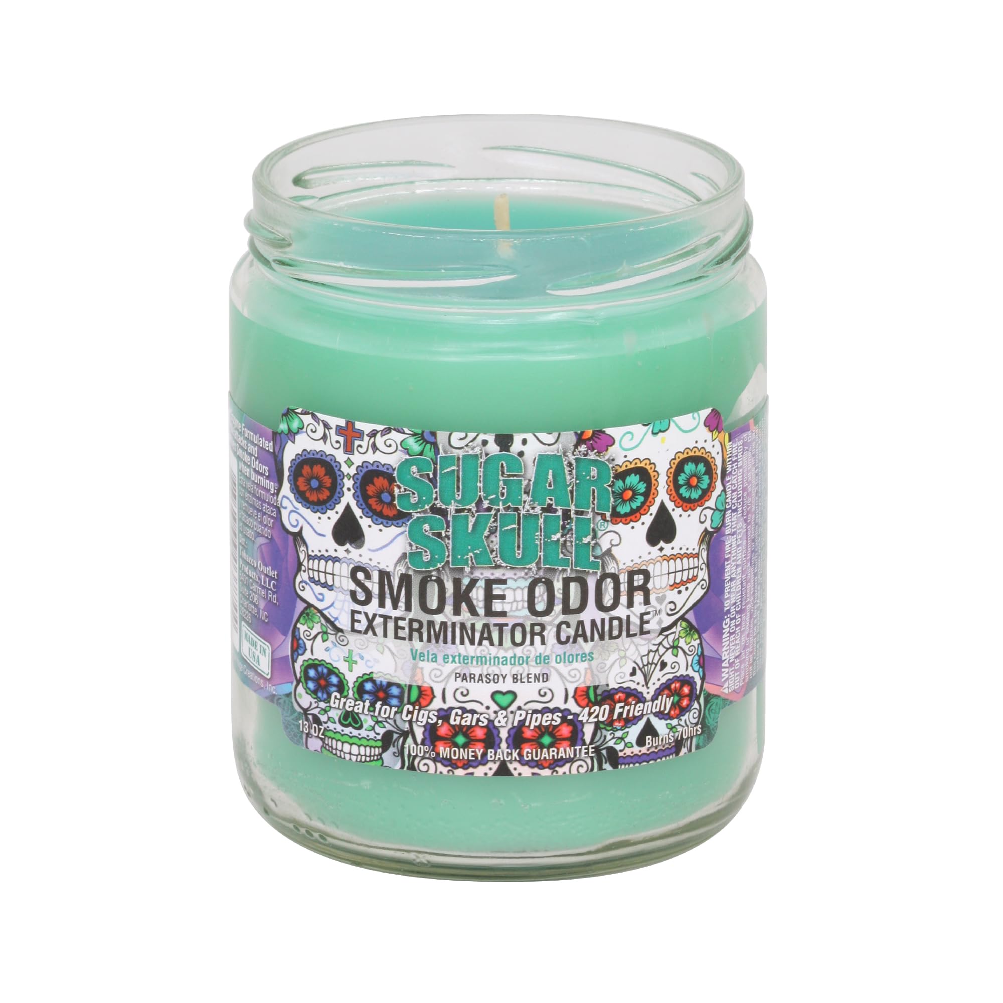 Smoke Odor Exterminator Sugar Skull jar candle neutralizes odors with a fresh masculine fragrance