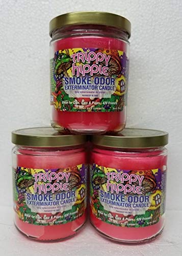 Smoke Odor Exterminator Trippy Hippie jar candle label visible for easy brand recognition and ambiance.