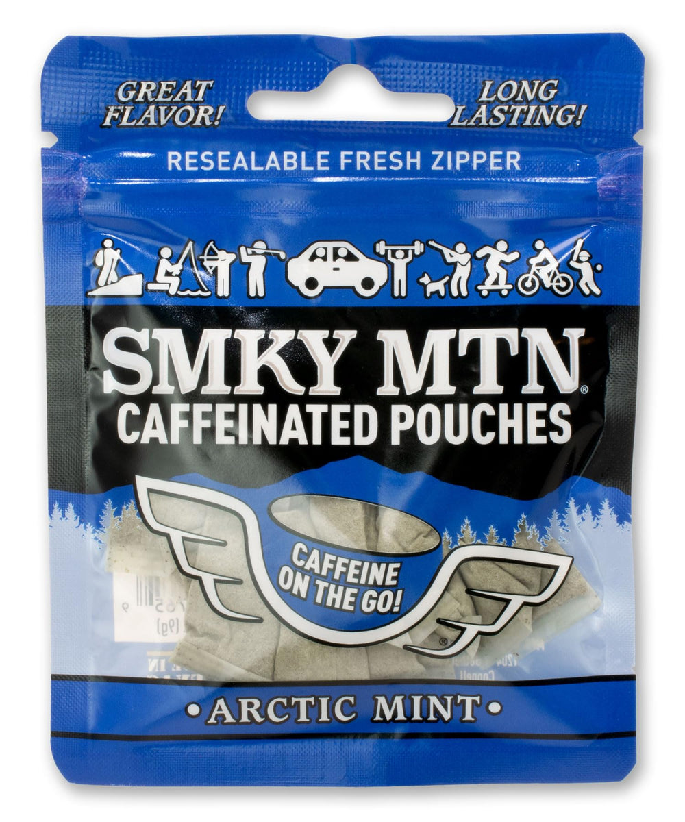 Smokey Mountain Arctic Mint pack front shows a tobacco-free energy option for on-the-go.