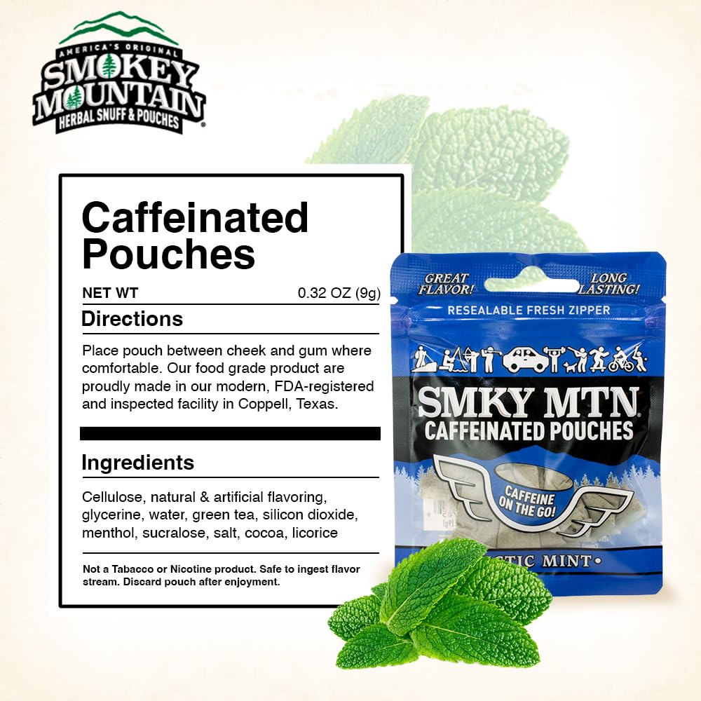 Smokey Mountain caffeinated pouch closeup emphasizes natural caffeine from green tea.