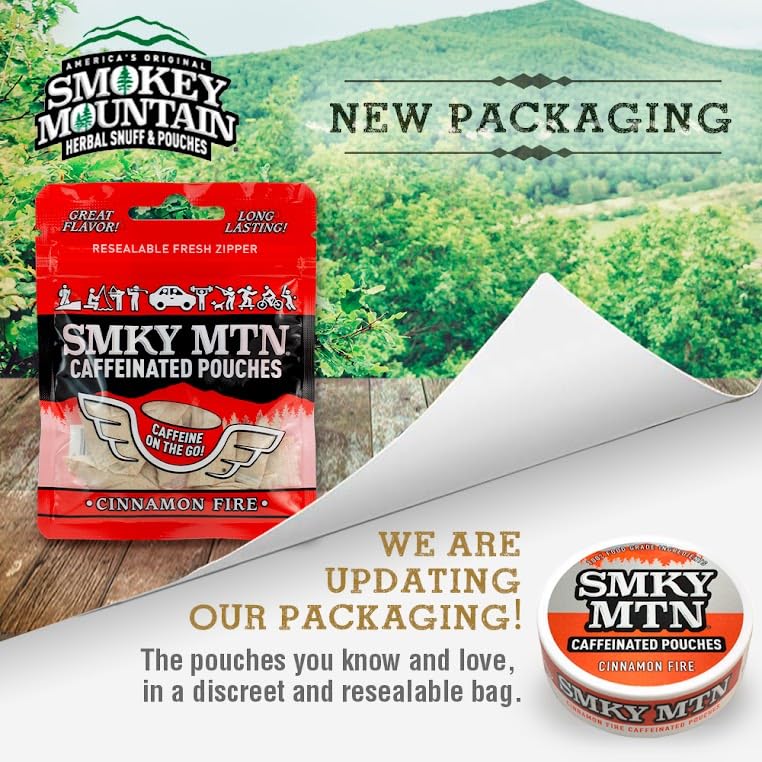 Smokey Mountain Cinnamon Fire pack back, shows tobacco-free energy and ingredients.