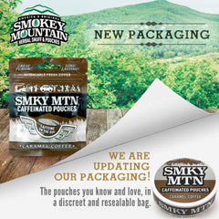 Smokey Mountain caramel coffee pouch being opened for steady energy.