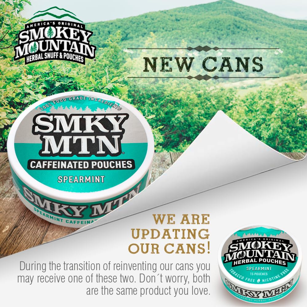 Smokey Mountain Spearmint can back highlights brand and 15 pouches per can.
