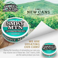 Smokey Mountain Spearmint can back highlights brand and 15 pouches per can.
