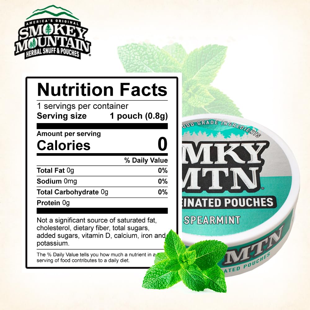 Smokey Mountain Spearmint open can reveals the full can and pouches inside.