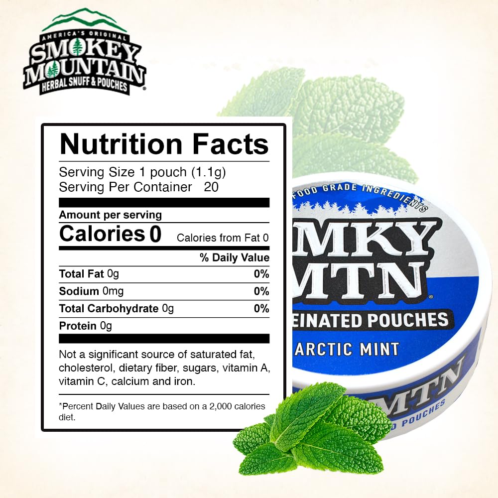 Smokey Mountain Wintergreen pouch closeup, natural flavor without tobacco or nicotine.