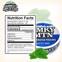 Smokey Mountain Wintergreen pouch closeup, natural flavor without tobacco or nicotine.
