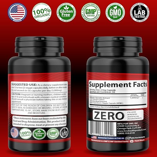 SMSHEALTHPRODUCTS Fadogia Agrestis bottle on table during pre-workout setup.