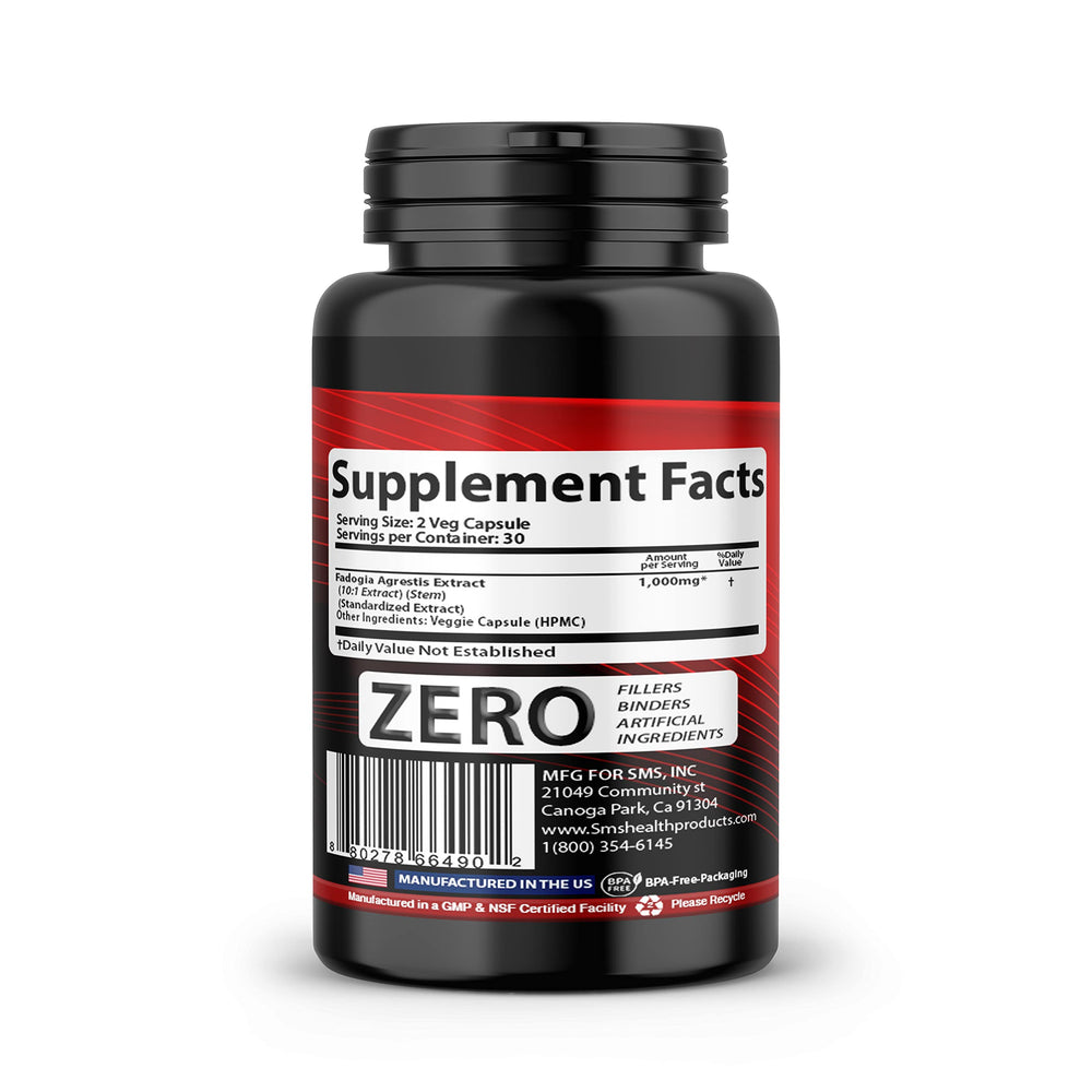 SMSHEALTHPRODUCTS Fadogia Agrestis bottle being swirled to show cap and label.