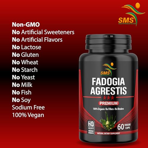 SMSHEALTHPRODUCTS Fadogia Agrestis label close-up highlighting organic gluten-free features.