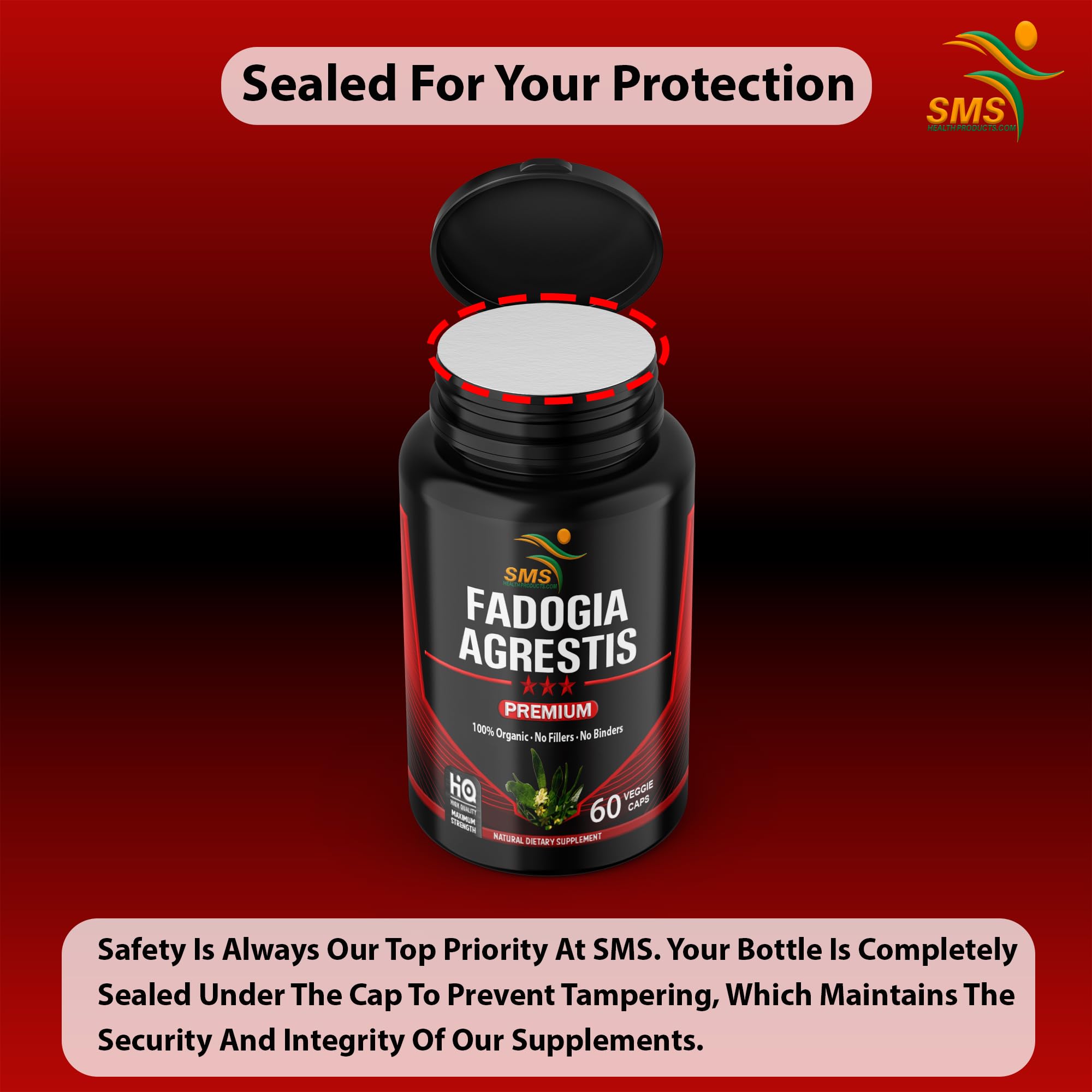 SMSHEALTHPRODUCTS Fadogia Agrestis pills dispensed beside a shaker bottle.