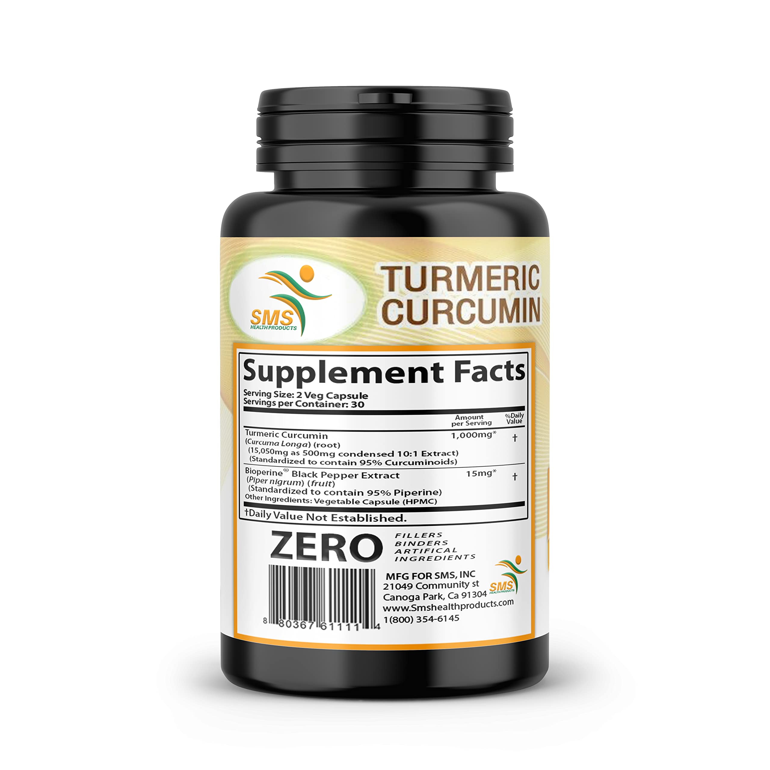 SMSHEALTHPRODUCTS packaging showcases high-absorption turmeric formula.