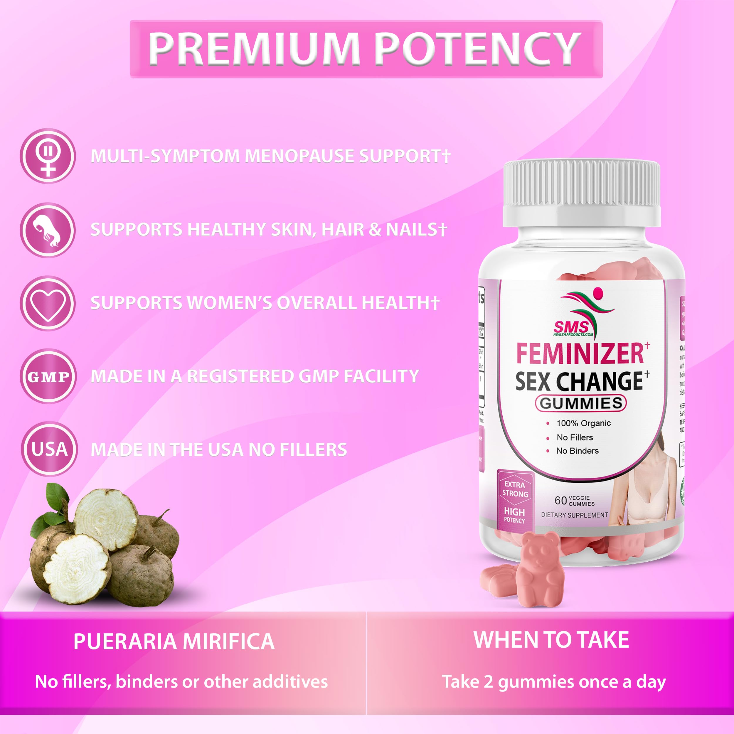 SMS Health Feminizer dispensing pour demonstrating easy daily dosing.