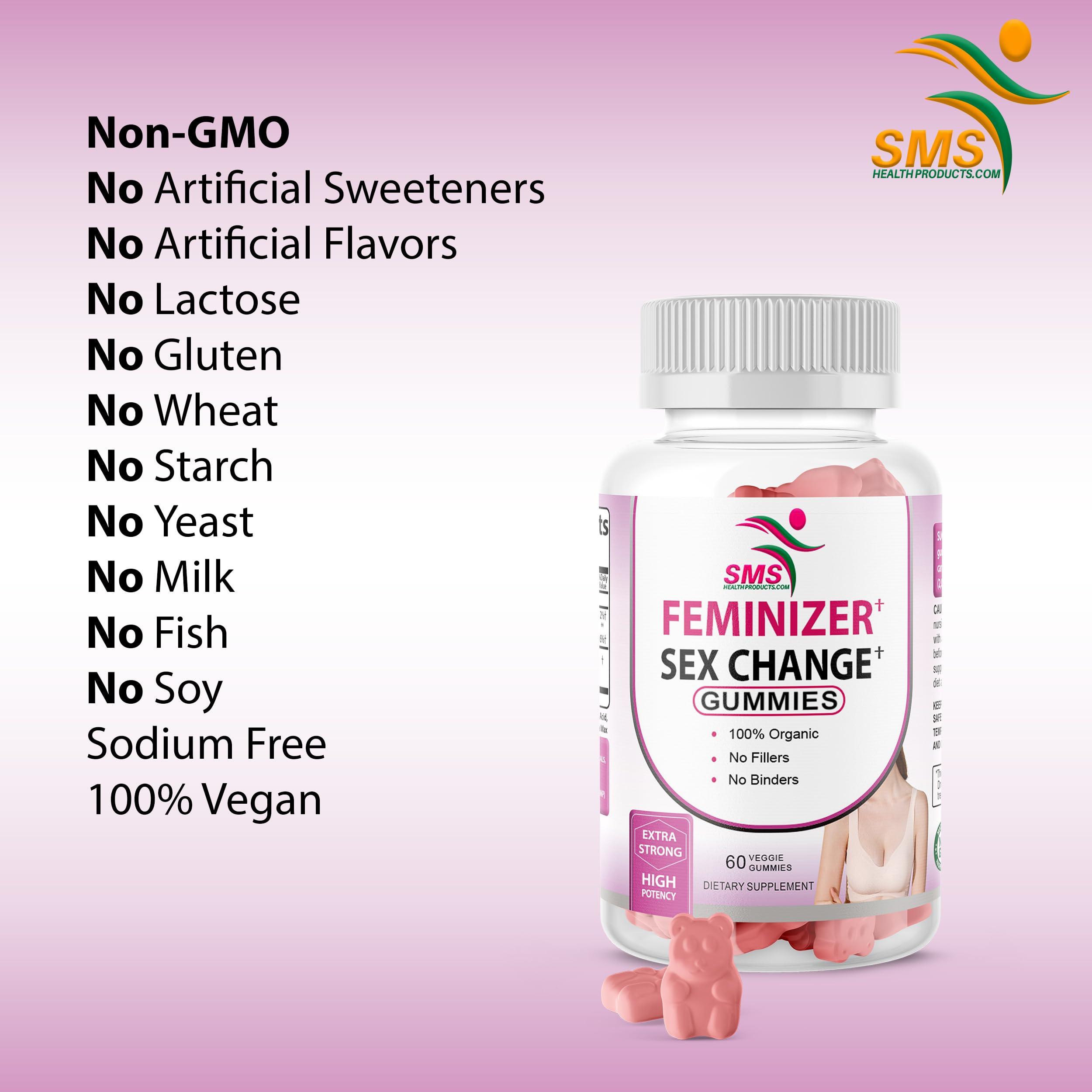SMS Health Feminizer label detail focusing on 10:1 extract and vegan formula.