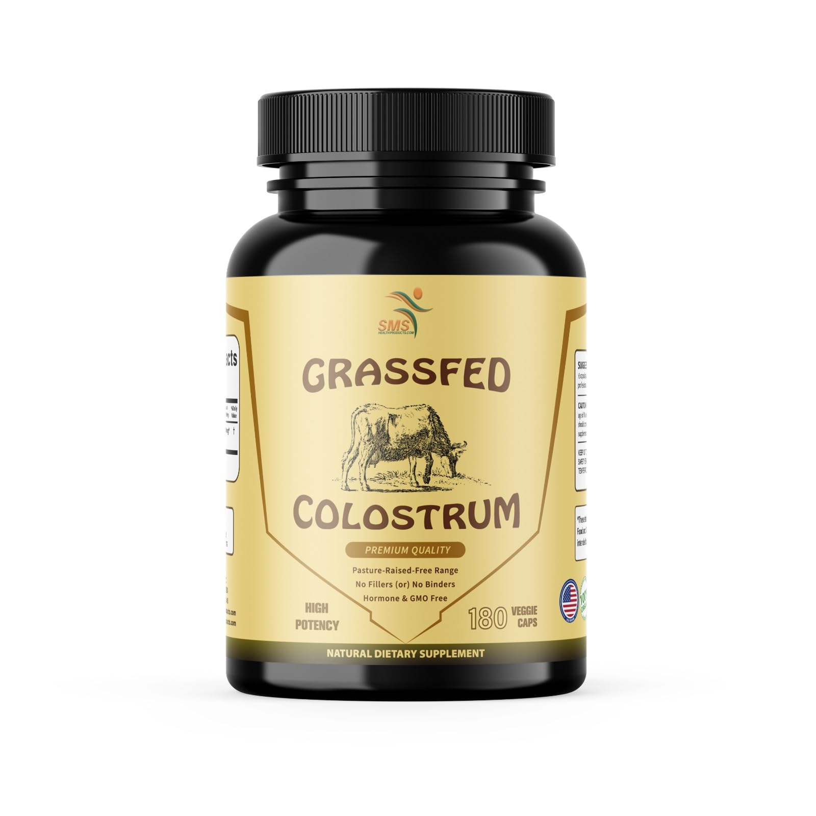 SMSHEALTHPRODUCTS.com grass-fed beef colostrum bottle showcases premium packaging for daily wellness