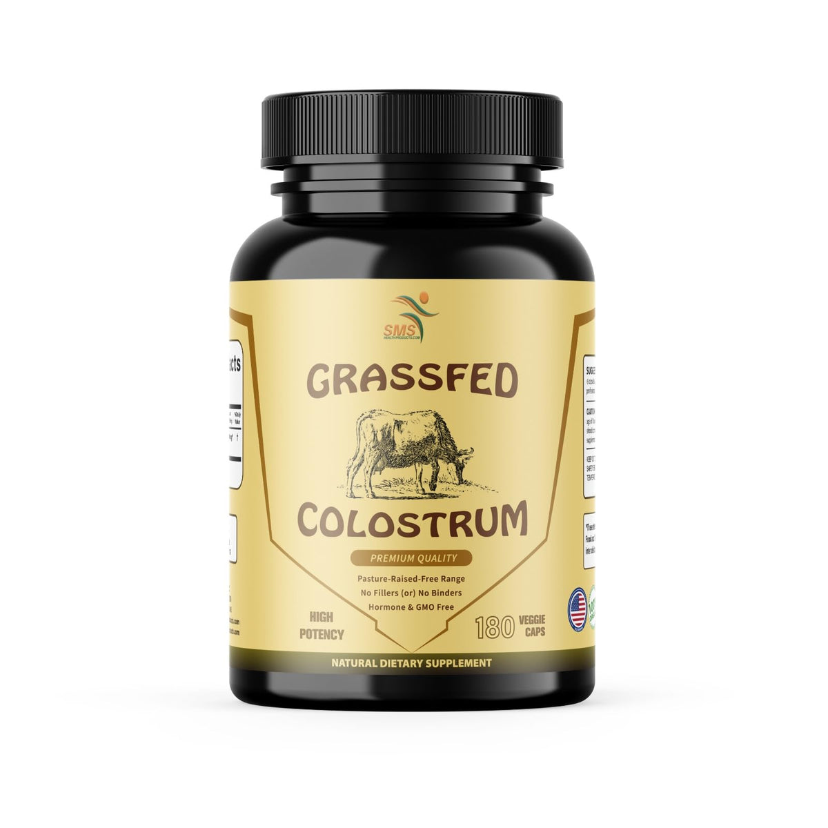 SMSHEALTHPRODUCTS.com grass-fed beef colostrum bottle showcases premium packaging for daily wellness