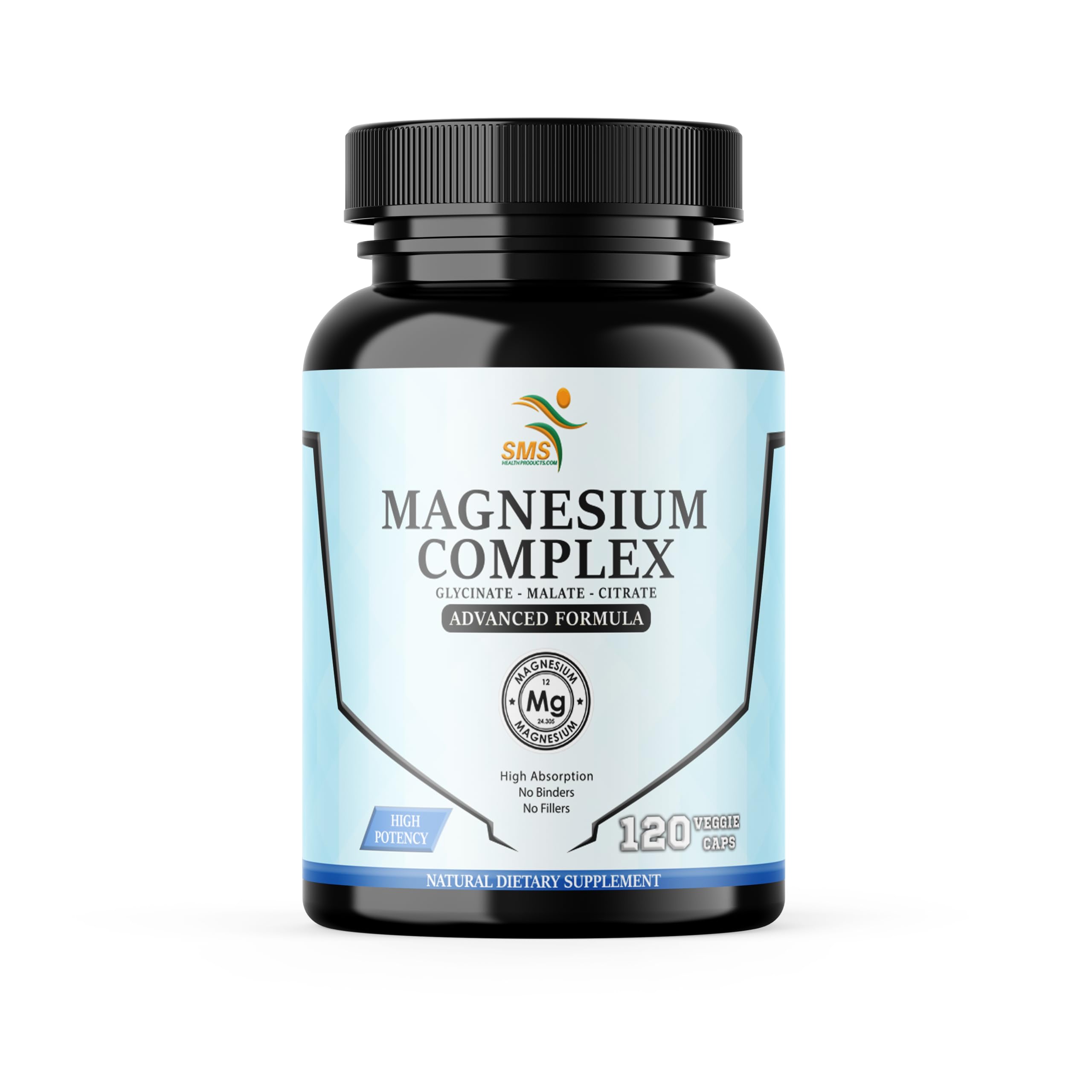 SMSHEALTHPRODUCTS Magnesium Complex bottle and capsule close-up highlighting high-absorption formula.