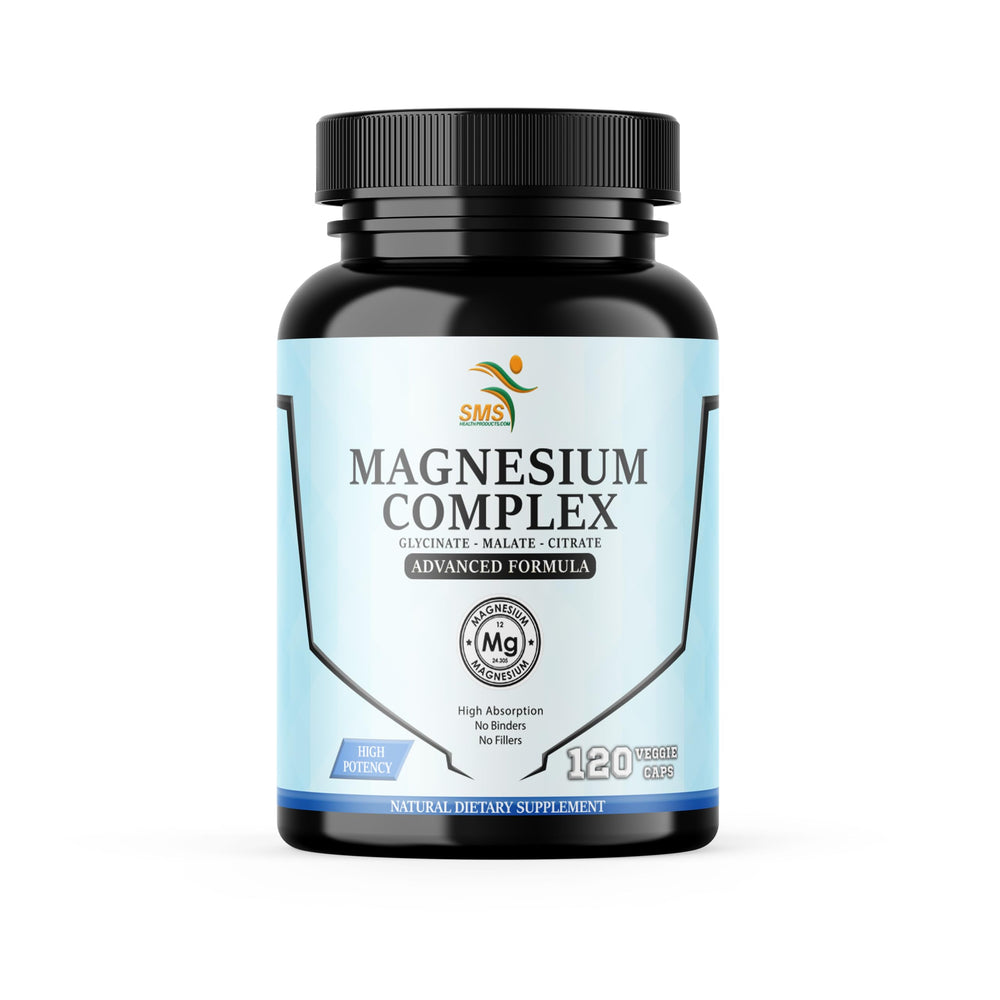 SMSHEALTHPRODUCTS Magnesium Complex bottle and capsule close-up highlighting high-absorption formula.