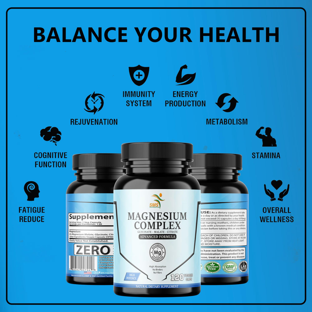 SMSHEALTHPRODUCTS Magnesium Complex bottle on white background communicates a daily dietary supplement.