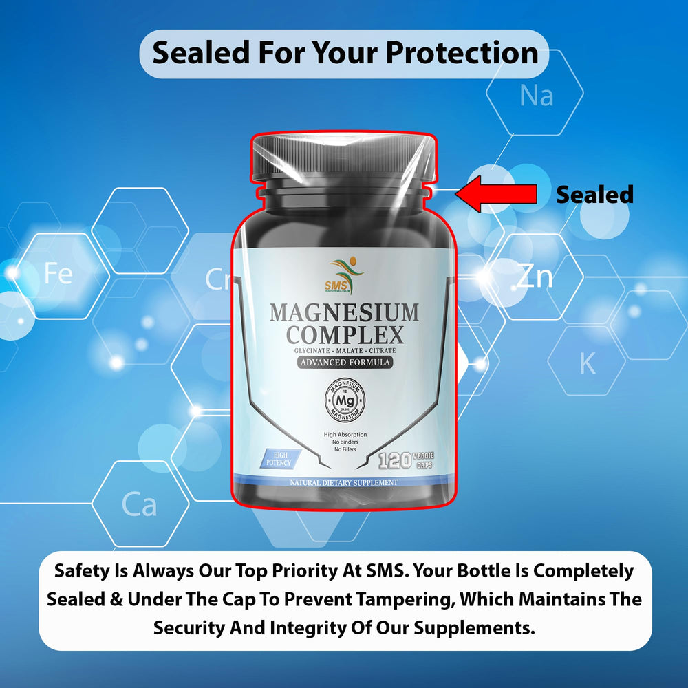 SMSHEALTHPRODUCTS Magnesium Complex stacked capsules evoke consistency and routine.