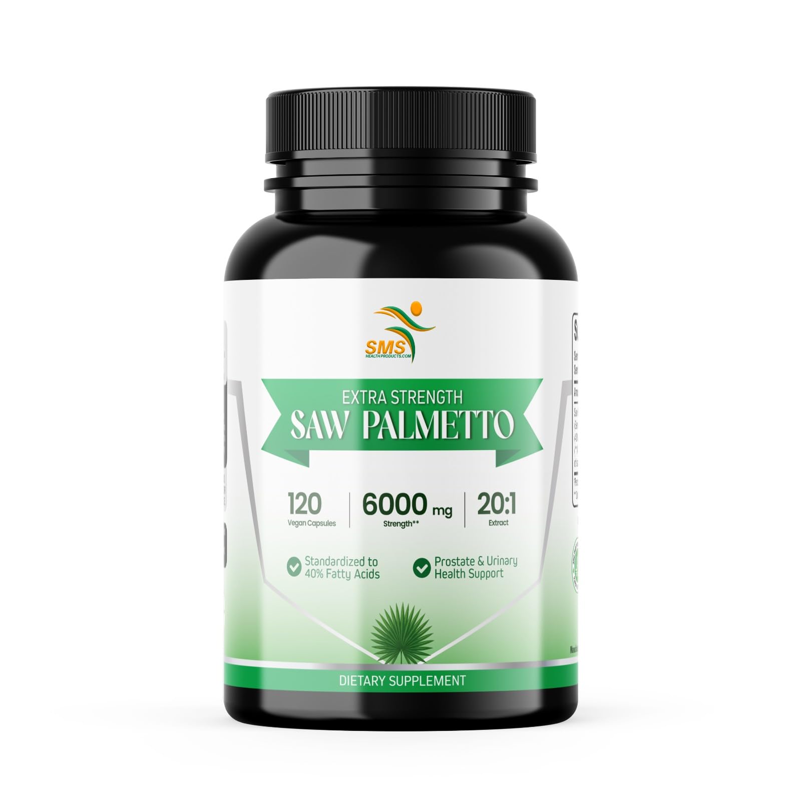 SMS Health Products Saw Palmetto bottle pour emphasizes 20:1 extract and 40% fatty acids.
