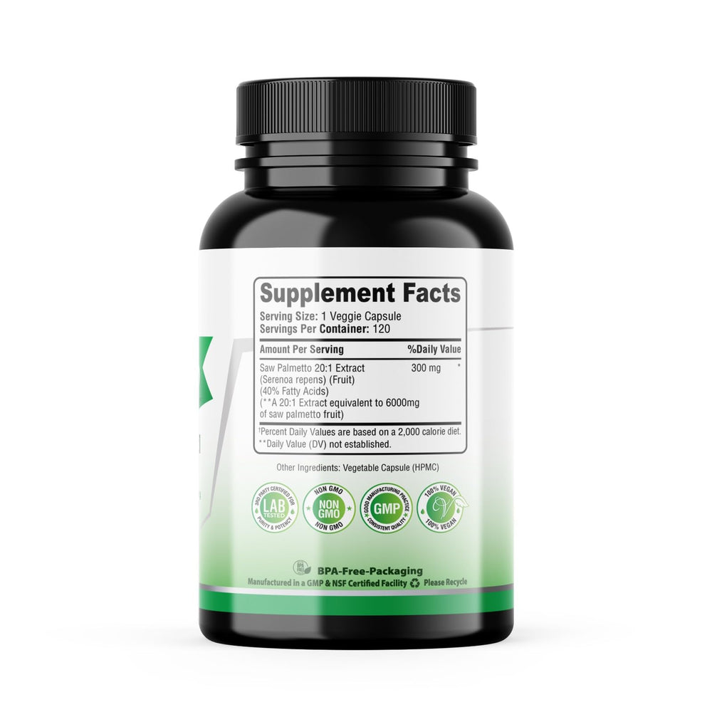 SMS Health Products Saw Palmetto capsules 120-pack ready for a four-month routine.