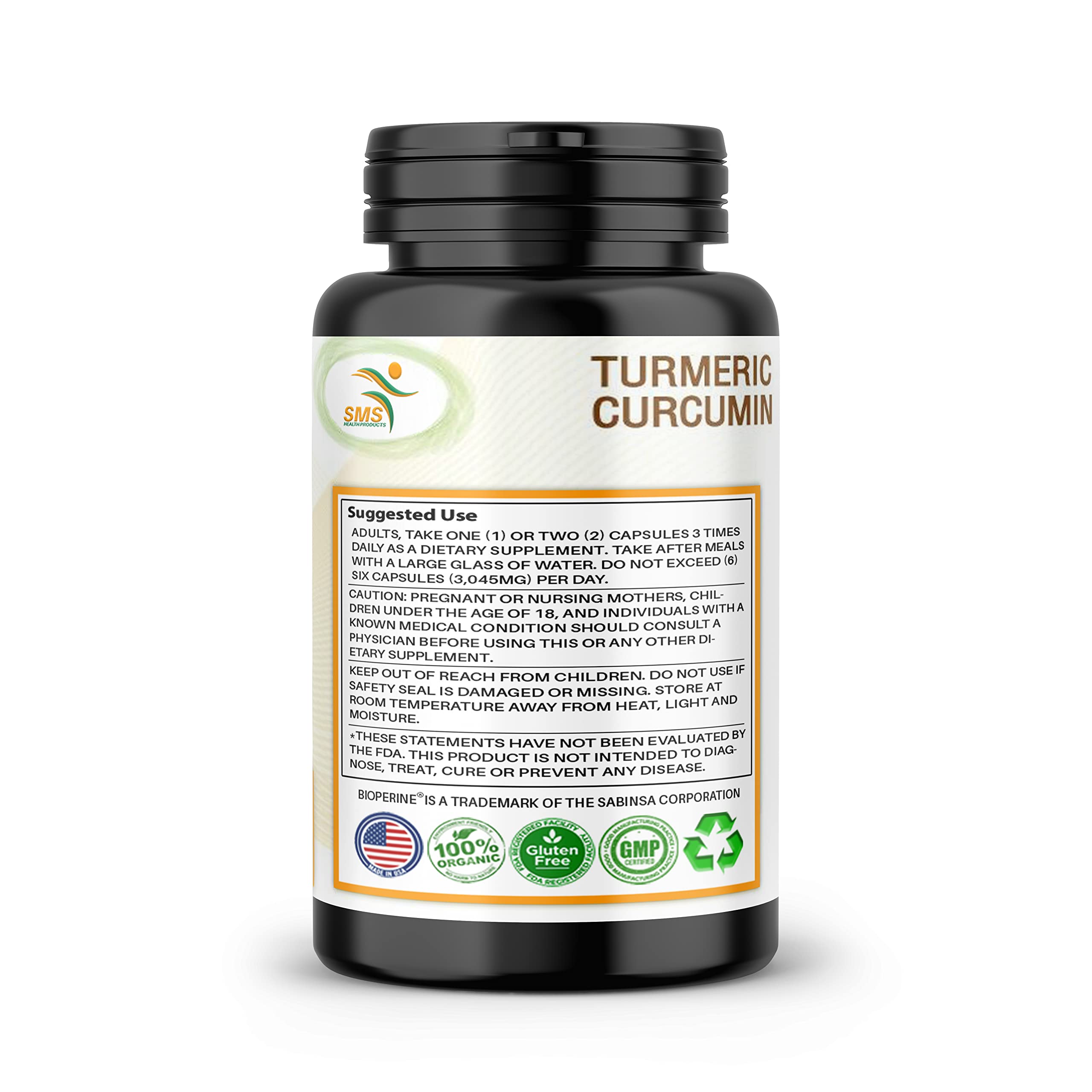 SMSHEALTHPRODUCTS product image conveys a premium gluten-free turmeric supplement.