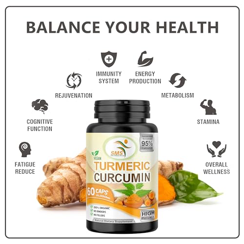 SMSHEALTHPRODUCTS turmeric bottle highlights 95% curcuminoids for potency.