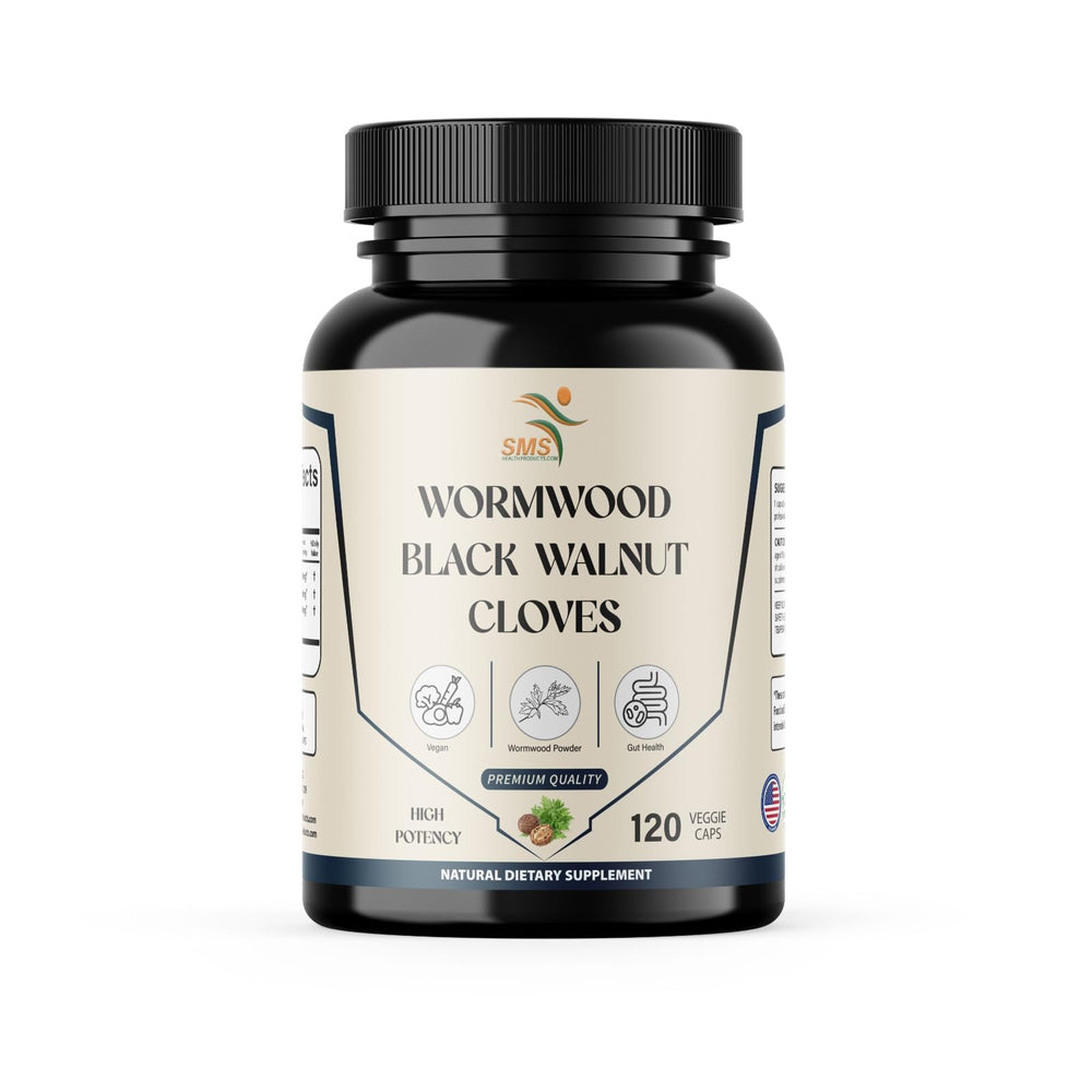 SMSHealthProducts Wormwood Black Walnut Clove bottle front view shows herbal blend for daily digestive support