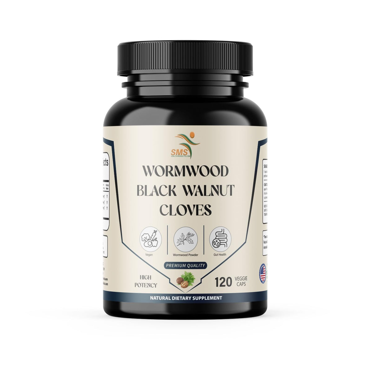 SMSHealthProducts Wormwood Black Walnut Clove bottle front view shows herbal blend for daily digestive support