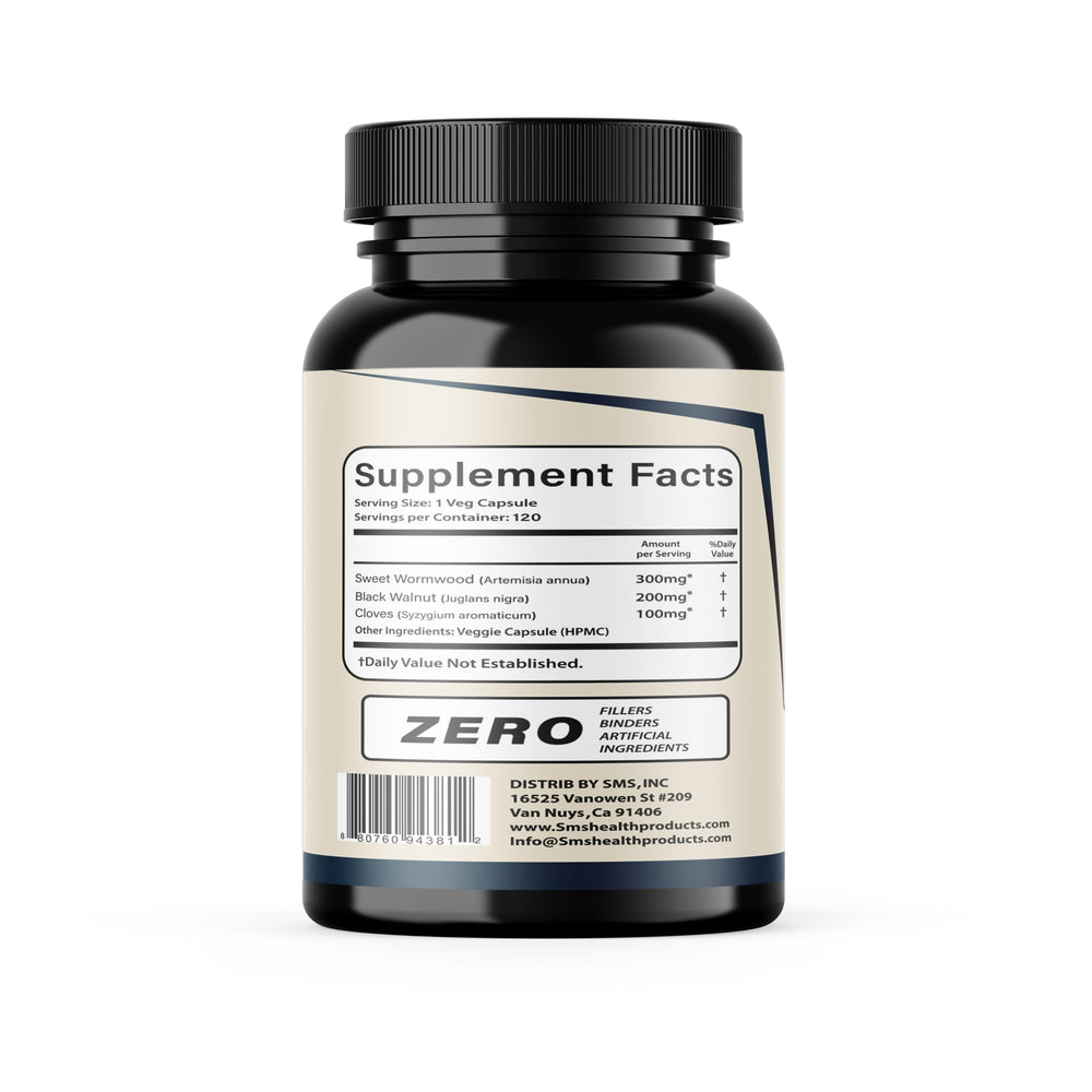 SMSHealthProducts Wormwood Black Walnut Clove lab-tested seal indicating quality