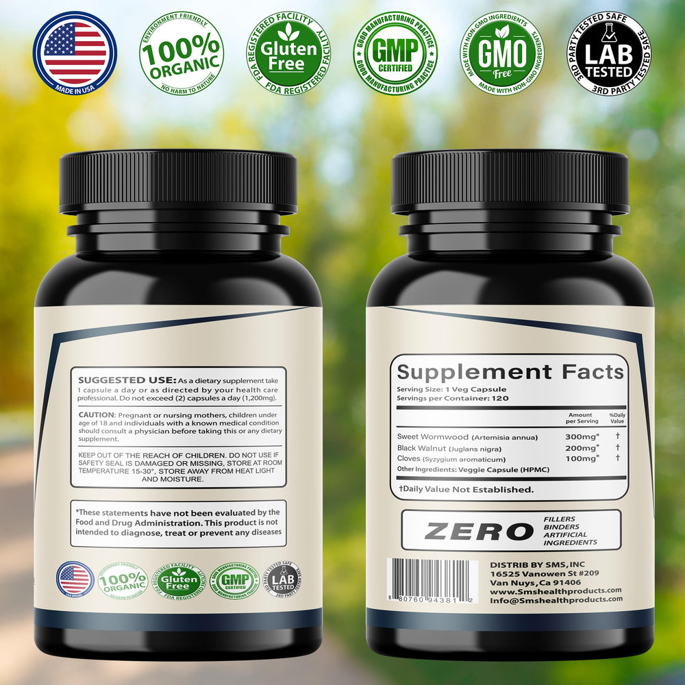 SMSHealthProducts Wormwood Black Walnut Clove vegan label and gluten-free claim