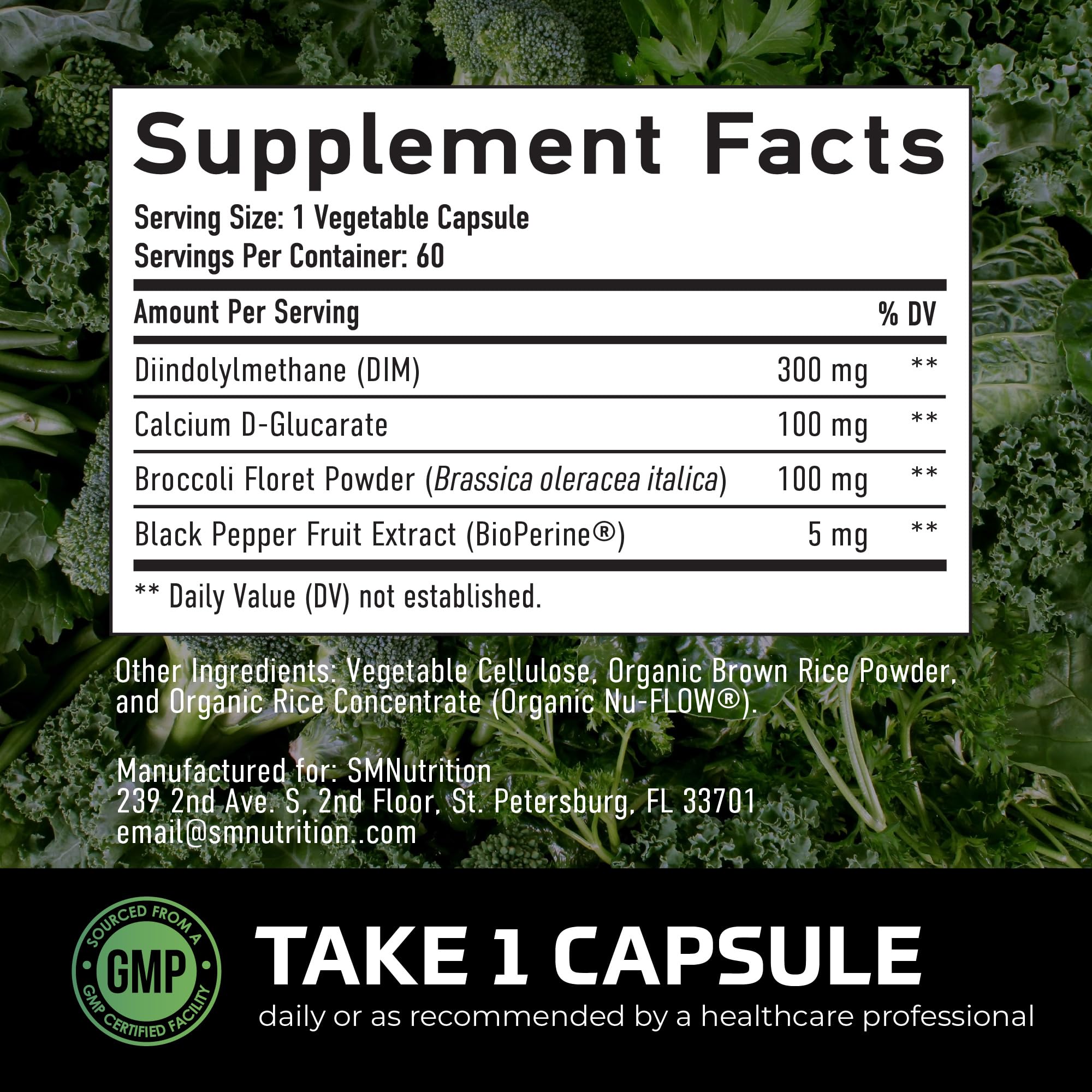 SMNutrition DIM with CDG highlights estrogen breakdown support ingredients.