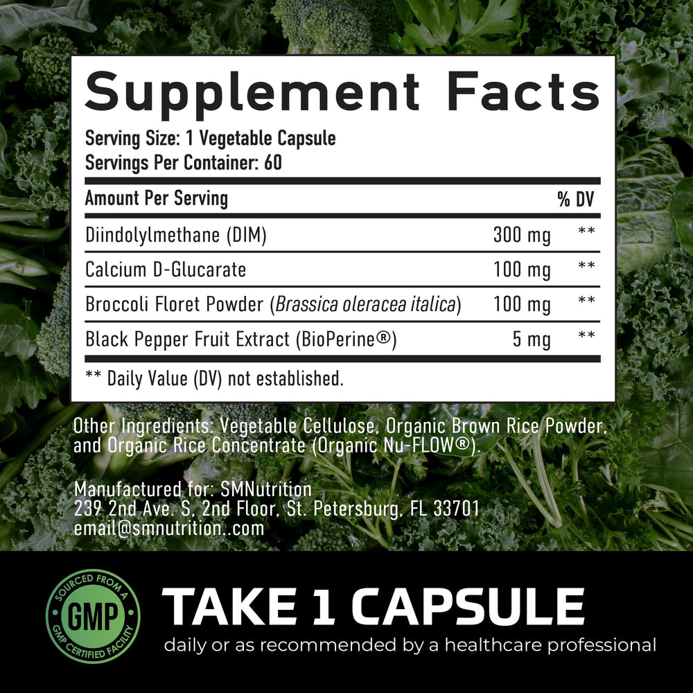 SMNutrition DIM with CDG highlights estrogen breakdown support ingredients.