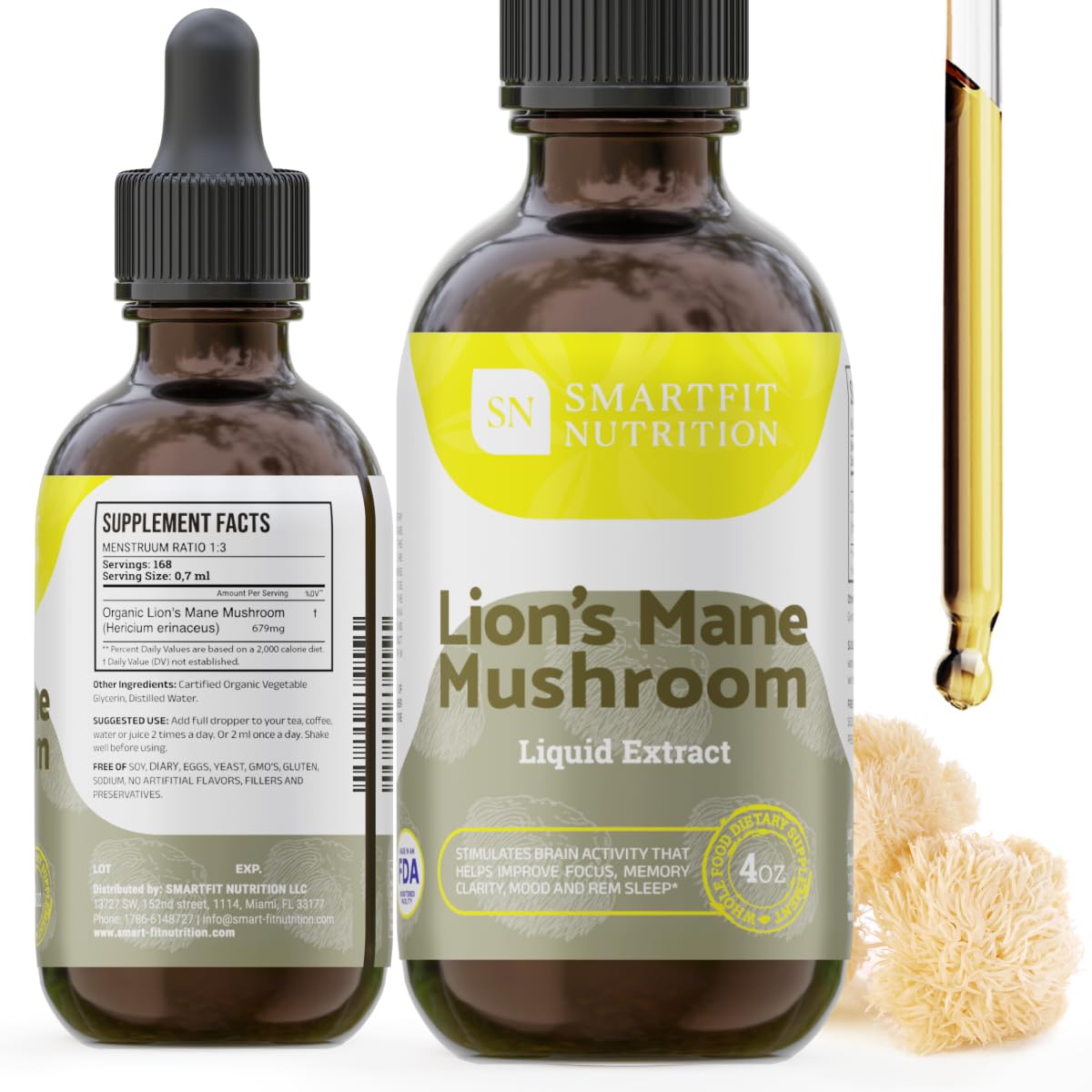 SN SmartFit Nutrition Lions Mane Extract bottle highlighting focus-support liquid