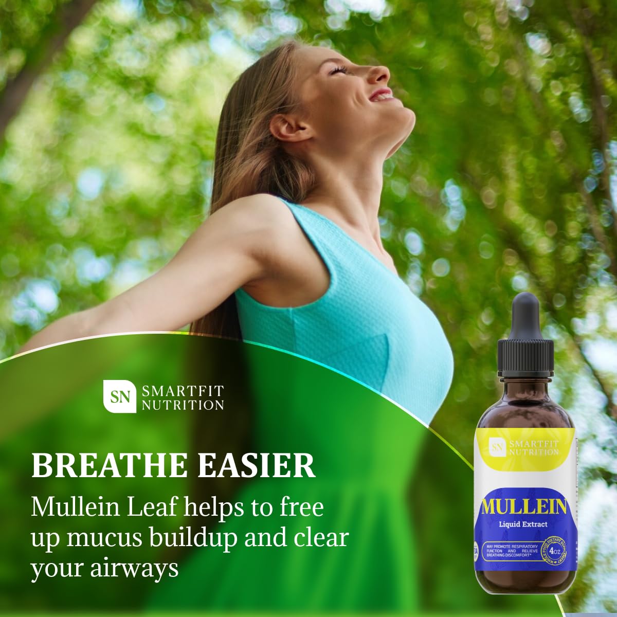 SN SMARTFIT NUTRITION Mullein Drops label close-up shows safe ingredients and USA-made quality