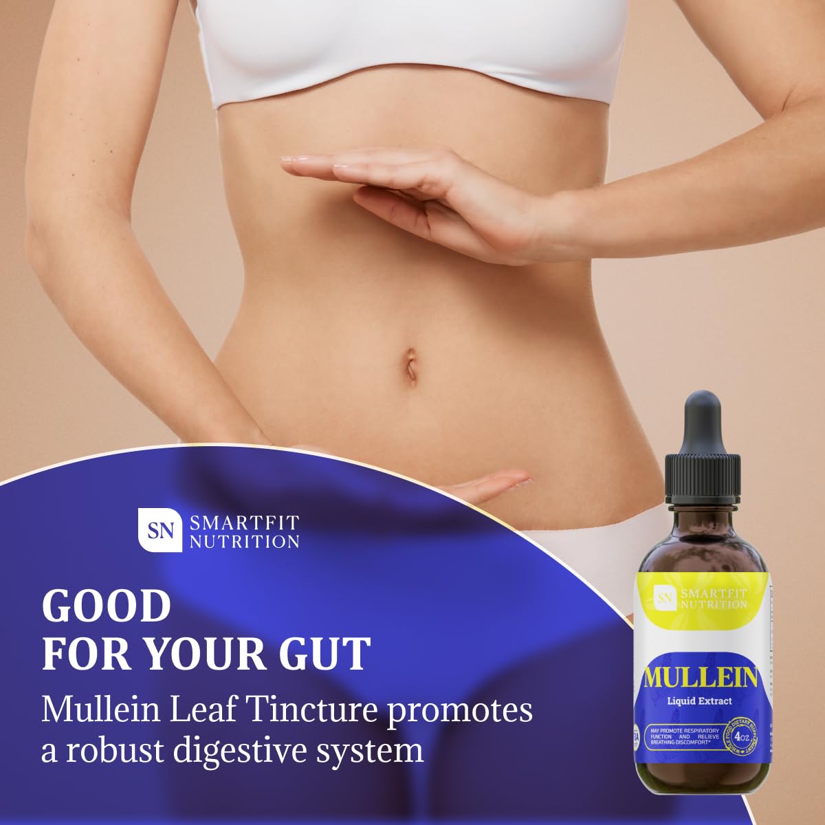 SN SMARTFIT NUTRITION Mullein Drops packaging emphasizes US-made quality and freshness
